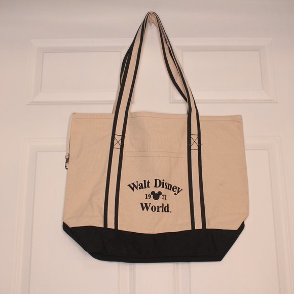 Disney Handbags - Walt Disney World 1971 Cotton Canvas Tote Bag Black Cream Embroidered Logo